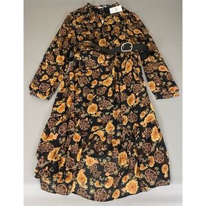 Estelle Golden Blooms Maxi‎ Dress Plus Size 2X Black Floral Belted Ruffled NWT